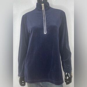 St John Sport Dark Blue Velour Cotton Blend 1/4 Zip Pullover GUC
